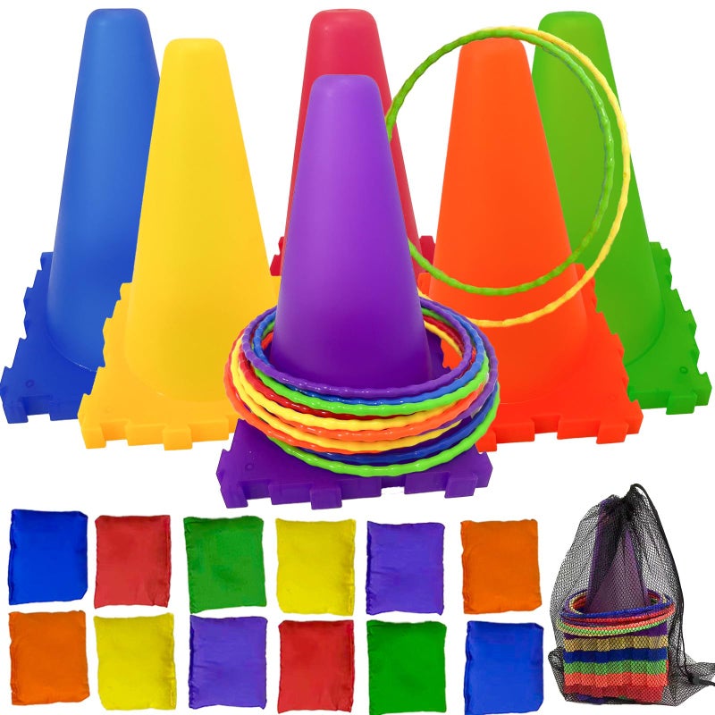 Aykzaqe Outdoor Toys for Kids Ages 4-8 Cones Bead Bags Tossing Rings Games Ring Toss Party Carnival Backyard Games for Kids Obstacle Course for Kids Toddler Outdoor Toys for Toddlers 3-5 - Image 1